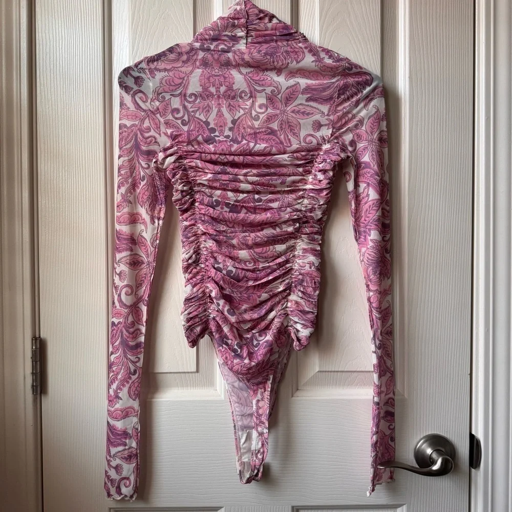 Free People X REVOLVE Under It All Bodysuit Ruched Long Sleeve Peony Combo XS